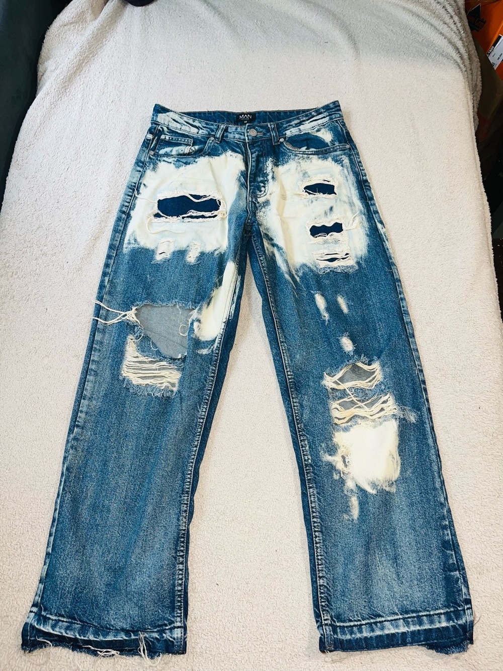 Boohoo Men's Distressed Blue Jeans with White Bleach Accents